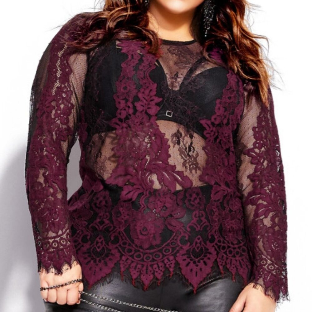City Chic Lace Black and Brick Red Top. New With Tags